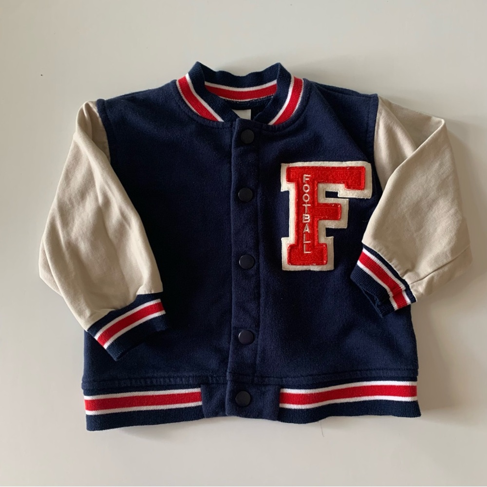 Starting Out Navy and Cream Football Varsity Jacket with Red Accent